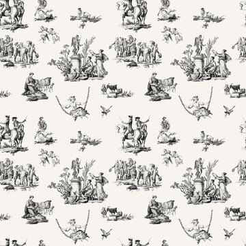 Seamless Toile De Jouy Graphic Pattern, Black and White Victorian Chinoiserie Background