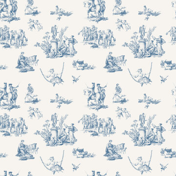 Seamless Toile De Jouy Graphic Pattern, Blue Victorian Chinoiserie Background