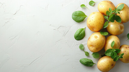 Fresh young potatoes on a light background, close-up, copy space.