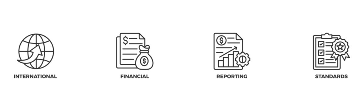 Ifrs banner web icon illustration concept for international financial reporting standards with icon of global, network, money, documents, books, and writing