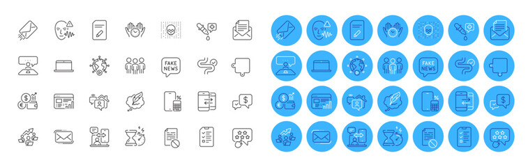 Web report, Chemistry pipette and Laptop line icons pack. Video conference, Fake news, Teamwork chart web icon. Messenger mail, Phone communication, E-mail pictogram. Hourglass timer. Vector