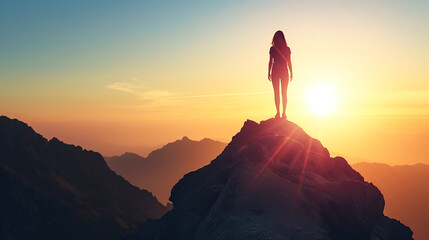 Fototapeta na wymiar A woman on a mountaintop celebrates her triumph, in the spirit of adventure, against the backdrop of a stunning sunrise