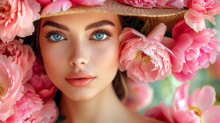 Portrait of a beautiful girl in a hat with peony flowers
