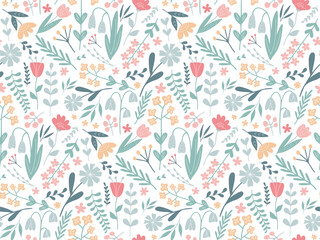 Floral colorful seamless Pattern. Hand drawn Flowers and branches in Scandinavian style. Cute Spring summer plants botanical Background. Flat design illustration for wallpaper, cover, fabric, banner