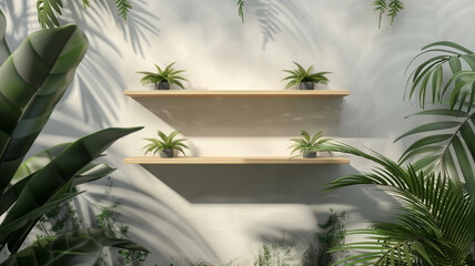 A dynamic 3D wall frame mockup with floating shelves against a tropical foliage backdrop, providing a lush space for showcasing botanical illustrations or nature-inspired prints.