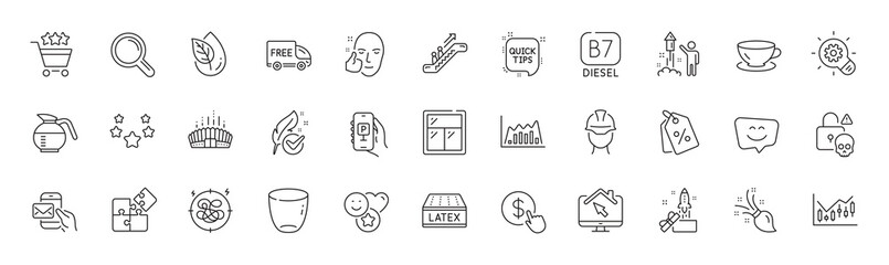 Smile, Arena stadium and Diesel line icons. Pack of Puzzle, Stress, Quick tips icon. Brush, Healthy face, Buy currency pictogram. Foreman, Smile face, Escalator. Cyber attack. Line icons. Vector