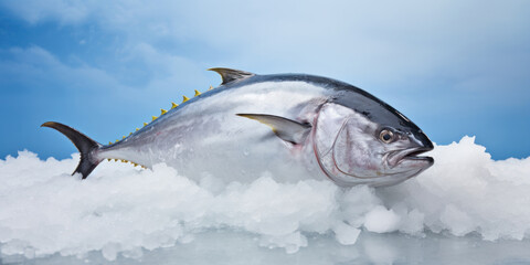 Large frozen tuna on crushed ice with blue sky background.