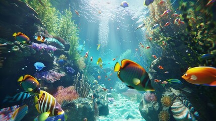 Virtual underwater world teeming with life, captured in crystal-clear clarity, showcasing the beauty of the ocean depths.