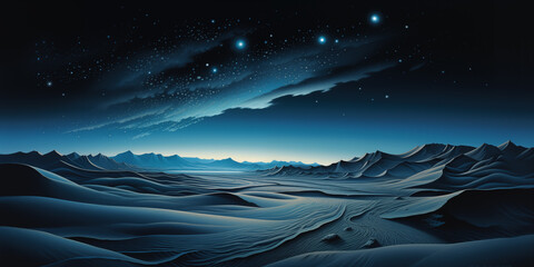 mountain range under moonlight, full moon casting a moody blue hue, stars twinkling in the background, A starry night sky over a remote desert