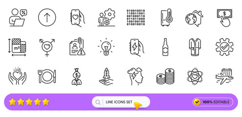 Idea, Swipe up and Hold heart line icons for web app. Pack of Work home, Manager, Floor plan pictogram icons. Refrigerator, Dating app, Restaurant food signs. Service, Payment click. Vector
