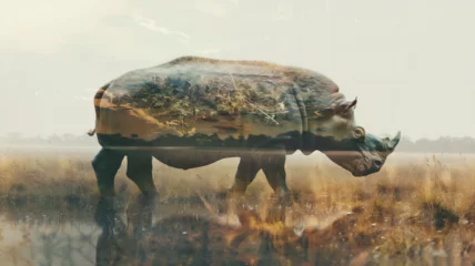 Poster Rhino on savannah background with double exposure. minimalistic style, white background. Generative AI © Юрий Маслов