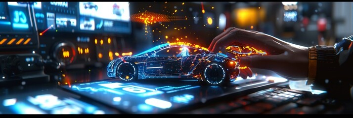 Designing smart ev car with ai system on holographic model, copy space available