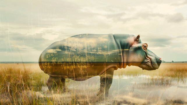 Hippopotamus on savannah background with double exposure. minimalist style, white background. Generative AI