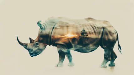 Gordijnen Rhino on savannah background with double exposure. minimalistic style, white background. Generative AI © Юрий Маслов