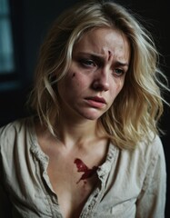 A sad blonde woman with bruises and torn clothes is standing near the wall. A woman is beaten by her husband . A dark room. Victims of domestic violence Scene is dark and intense