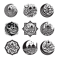 Creative Ramadan Mubarak Arabic Calligraphy, typography or greeting lettering set collection.