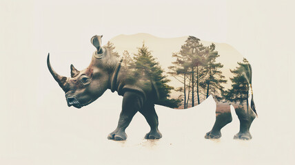 Rhino on savannah background with double exposure. minimalistic style, white background. Generative AI
