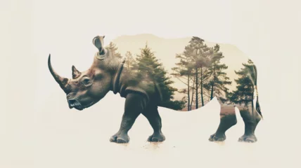 Poster Rhino on savannah background with double exposure. minimalistic style, white background. Generative AI © Юрий Маслов