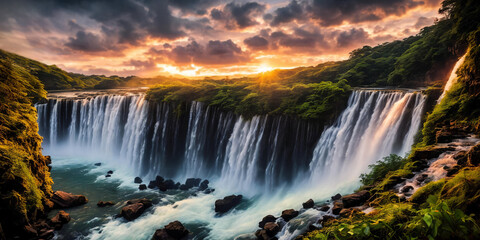 Fantasy landscape with waterfalls, panorama.