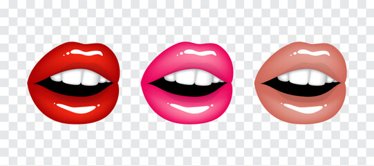 Beautiful sexy plump glossy erotic female lips in red, pink and beige nude colors. Set of isolated vector illustrations on transparent background