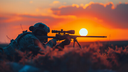 A dynamic moment of a sniper in an ops suit on a mission. Generative AI