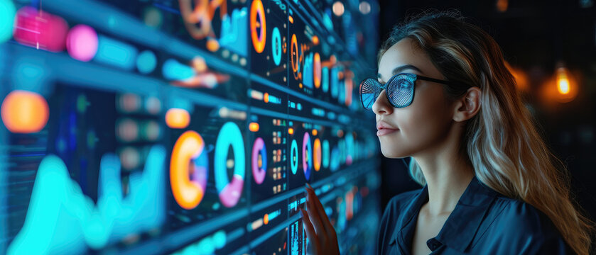 Hud hologram analysis information screen monitor people team work technology background banner copy space area