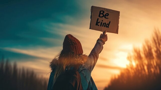 girl holding a sign that reads Be kind while standing in front of a beautiful sunset, kindness day, banner