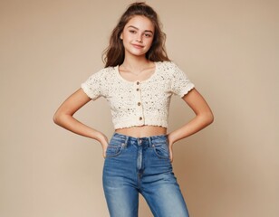 A young teenager is wearing a shirt and blue jeans. She is smiling and posing for the camera. Beige studio background.