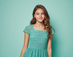 A teenage girl is wearing a green dress and smiling for the camera. The dress is a lace top with a green skirt. The girl's hair is long and flowing, and she has a bright, happy expression on her face