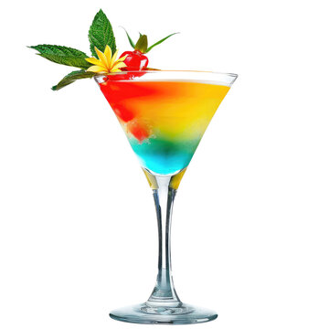 Tropical Rainbow Cocktail in Martini Glass PNG, Transparent Image without background, Concept of exotic drinks and festive entertainment