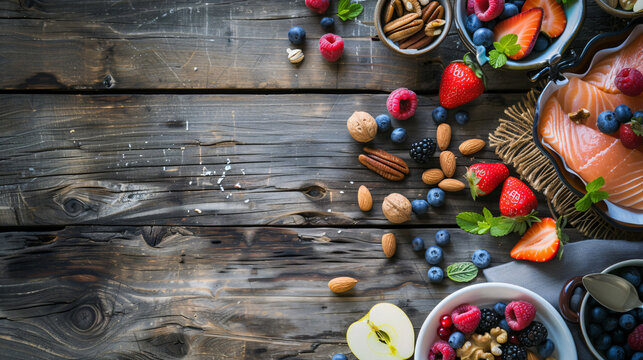 a bowl of fruit and nuts on a wood table