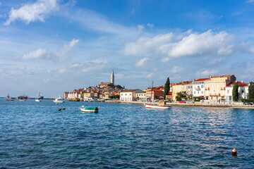 nice view of the sunny city of Rovinj with the adriatic sea and boats