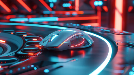 A high-tech 3D mockup of a gaming mouse on a futuristic gaming desk, with customizable LED lighting...