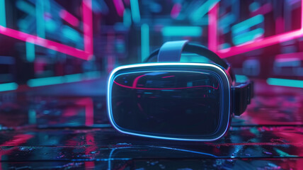 A high-tech 3D mockup of a virtual reality headset on a dark futuristic background, with an empty area on the visor for displaying custom visuals or branding. - obrazy, fototapety, plakaty