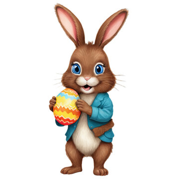 Corpo completo de um coelho da p&aacute;scoa marrom em p&eacute; e segurando um ovo de p&aacute;scoa isolado em um fundo transparente.