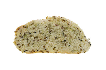 Hand made traditional nutrition grain bread slice isolated background. Macro closeup.