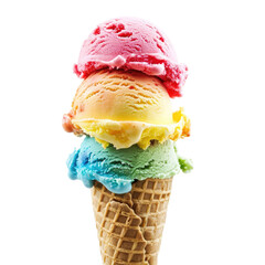 Stacked Scoops of Colorful Ice Cream in Cone PNG, Transparent Image without background, Concept of delightful flavors and joyful summertime