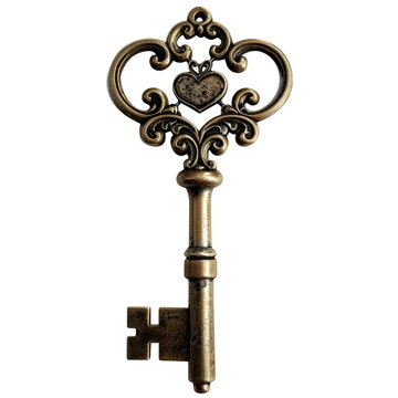 Ornate Vintage Key with Heart Design PNG, Transparent Image without background, Concept of antique charm, security, and romantic mystery