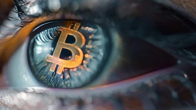 Close up eye reflection Bitcoin. Focused crypto trader analyst working looking at computer screen reflecting analyzing online trading stock exchange market data charts. Virtual currency 4k video