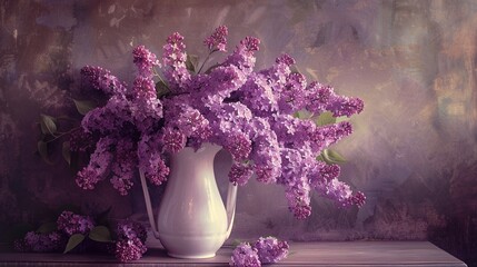 A cluster of purple lilac blooms displayed in a vintage white enamel pitcher, filling the room with their sweet and fragrant aroma. - Powered by Adobe