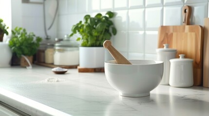 A ceramic mortar and pestle placed on a white kitchen counter, essential for grinding herbs and spices.