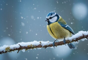 A blue and yellow bird tit is perched on a branch covered in snow. Concept of tranquility and peacefulness, as the bird is alone and undisturbed in its natural habitat