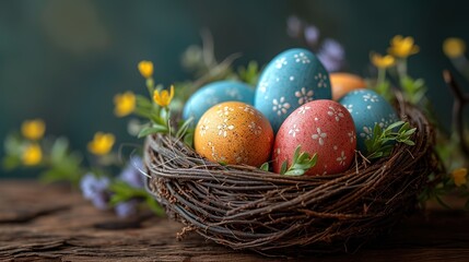 Fototapeta na wymiar easter eggs in a wicker basket on a wooden background close up