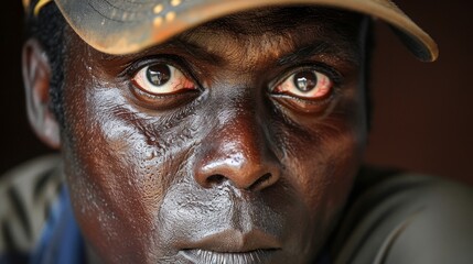 Intense cricket players  eyes show determination before batting or bowling, sports close up shot.
