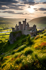 Magnificent Sunset View of a Grand Medieval Castle Surrounded by Bountiful Nature