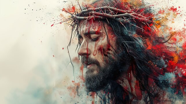 Jesus Christ with crown of thorns on his head. Close-up. Colorful oil painting