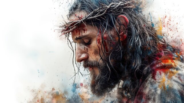 Jesus Christ with crown of thorns on his head. Close-up. Colorful oil painting