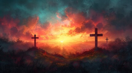 Crosses in the field at sunse. Digital watercolor painting illustration 