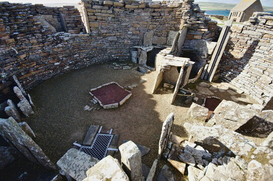 The Broch of Gurness, an Iron Age broch village on the northeast coast of Mainland Orkney in Scotland overlooking Eynhallow Sound