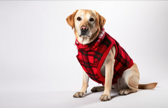 A Labrador in stylish red plaid clothes on a white background. A concept for advertising clothes for pets